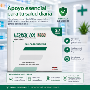 HERREX FOL 1000 HIERRO FERRICO POLIMALTOSO 1000MG, ACIDO FOLICO 100MG C*30 TABLETAS RECUBIERTAS -  FARMA DE COLOMBIA