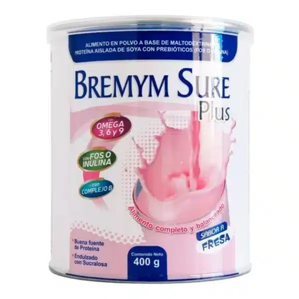 ALIMENTO A BASE DE MATODEXTRINA Y PROTEINA AISLADA DE SOYA CON PREBIOTICOS + OMEGA 3,6,9 + FOS O INULINA + COMPLEJO B BREMYM SURE PLUS LATA X 400 G