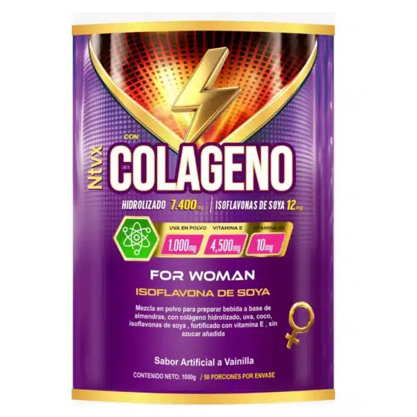 COLAGENO HIDROLIZADO 7.400MG + ISOFLAVONAS DE SOYA 12MG + UVA EN POLVO 1.000MG + VITAMINA E 4.500MG +VITAMINA B3 10MG NUTRIVEX LATA X 1000 G FOR WOMAN