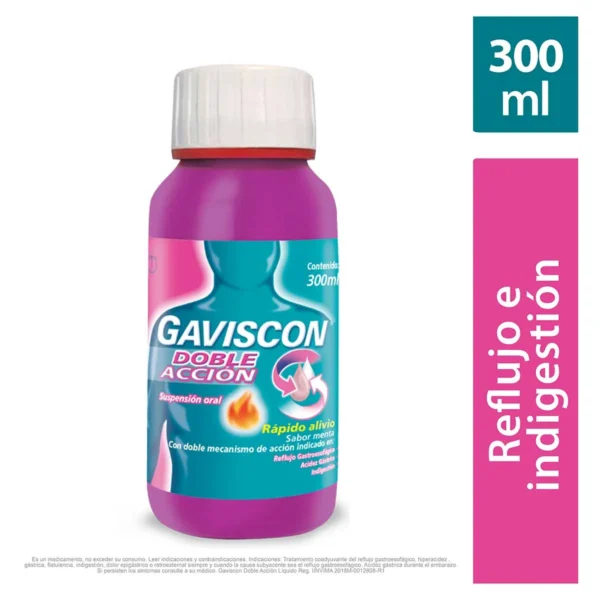 ALAGINATO DE SODIO 500MG + BICARBONATO DE SODIO 213MG + CARBONATO DE CALCIO 325MG GAVISCON DOBLE ACCION SUSPENSION ORAL FRASCO X 300ML HEALTH RB