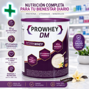 PROWHEY DM - ALIMENTO ESPECIAL HIPERPROTEICO  CON OMEGA 3, FIBRA, VITAMINAS Y MINERALES POLVO RECONSTITUIR A SOLUCION ORAL LATA*400G VAINILLA - BOYDORR